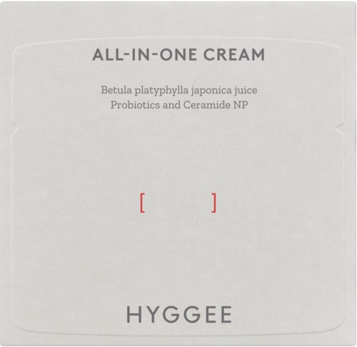 Product label: All-in-one cream with plant juice, probiotics, and ceramic. Brand name is HYGGEE.