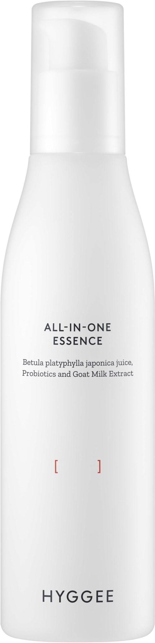 A white bottle labeled 'All-in-One Essence' with text about plant and probiotic ingredients, and the brand name 'Hyggee'.