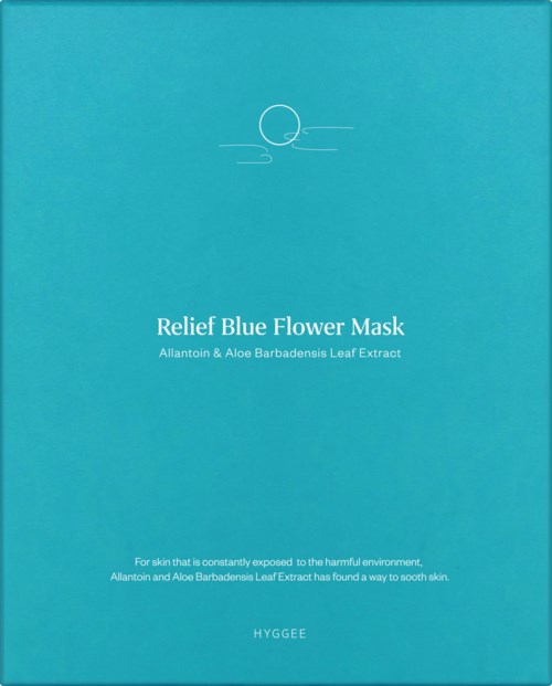 Blue box packaging for a facial mask, labeled Relief Blue Flower Mask with ingredients aloe and Allantoin.