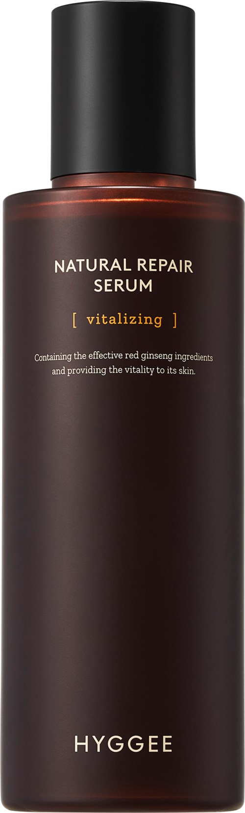 A brown bottle with a black cap labeled 'Natural Repair Serum' by Hyggee, for skin care. It aims to boost skin vitality.