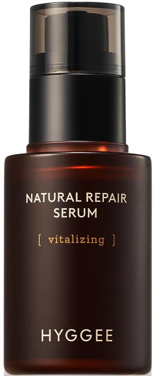 A dark brown bottle with a pump, labeled 'Natural Repair Serum' and 'Hydgee', used for skin care.