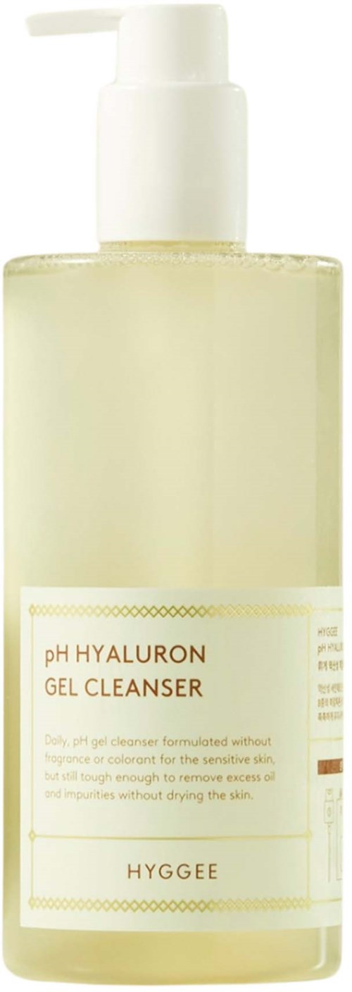 Eine klare Flasche mit weißer Pumpe, gekennzeichnet als pH Hyaluron Gel Cleanser, für empfindliche Haut.