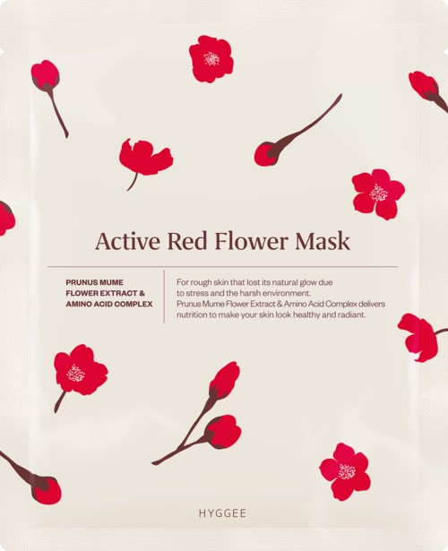 A skincare product called Active Red Flower Mask, with illustrations of red flowers and text about its benefits.