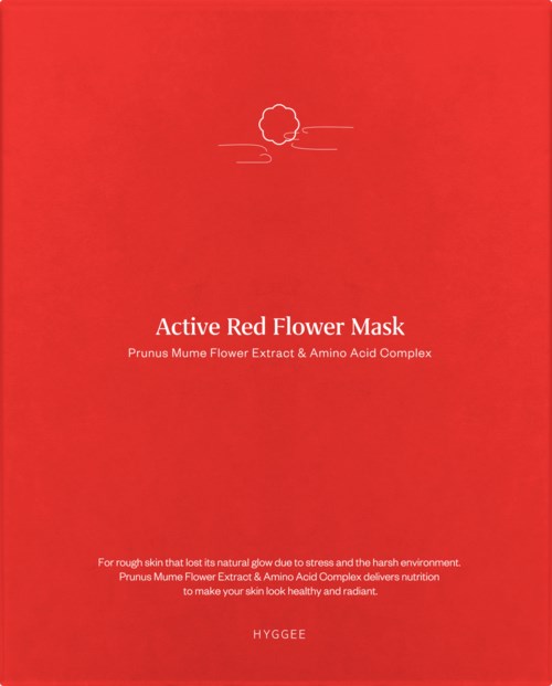 Red box with white text about a flower mask with natural ingredients for skin care.