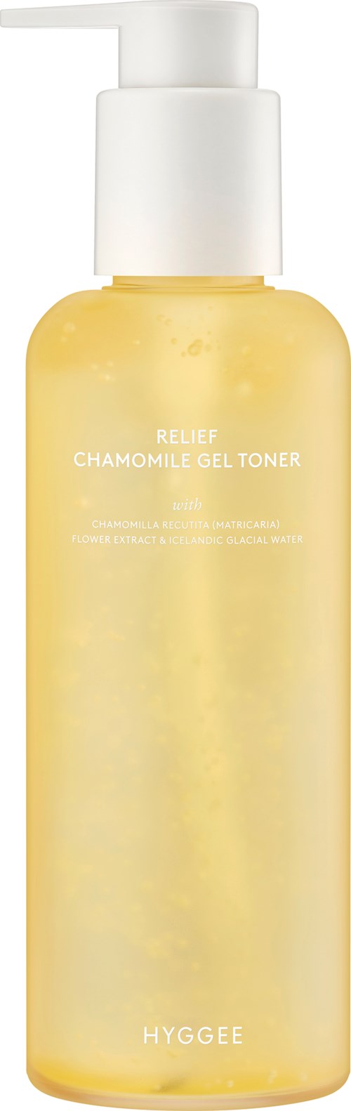 Eine gelbe Flasche mit weißem Pumpverschluss, beschriftet als Kamillen-Gel-Toner für Linderung und Hautberuhigung.