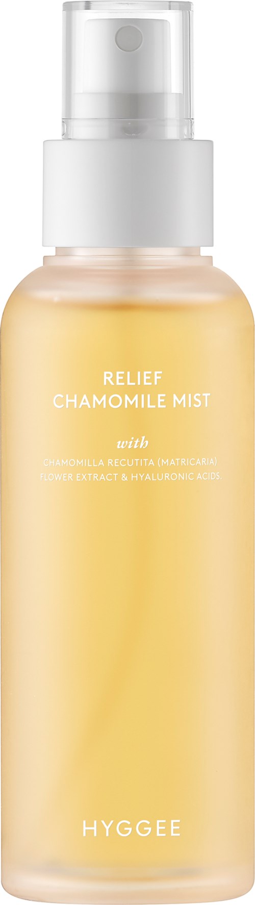 A small spray bottle labeled 'RELIEF CHAMOMILE MIST' with a white cap and soft yellow liquid inside.