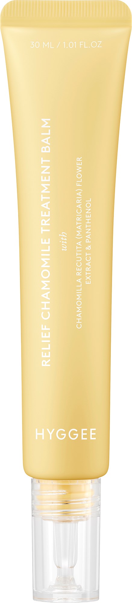 A light yellow tube with a clear cap, labeled as Relief Chamomile Treatment Balm, Hyggee.
