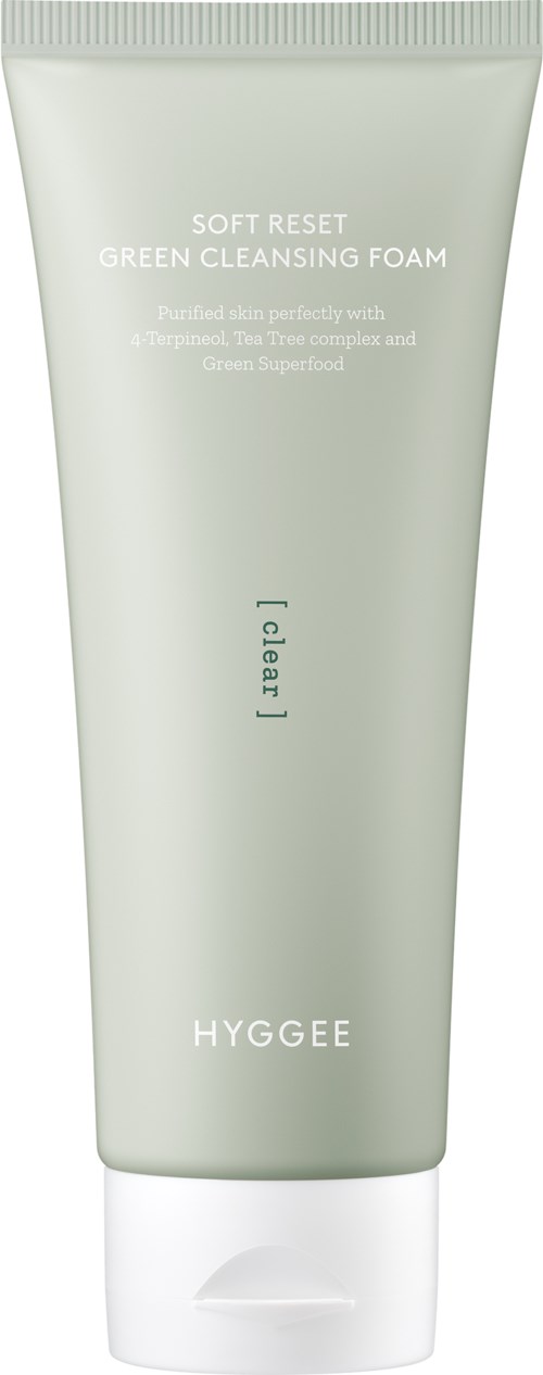 A tube of HYGGEE Soft Reset Green Cleansing Foam with minimalistic design and light green color.