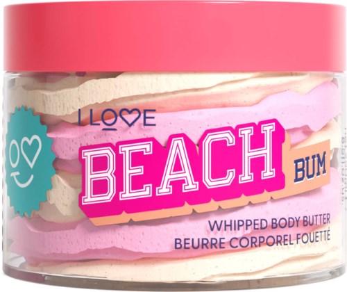 Körperbutter mit rosa-weißen Streifen, mit 'Beach Bum' in fettem Rosa-Schrift und rosa Deckel.
