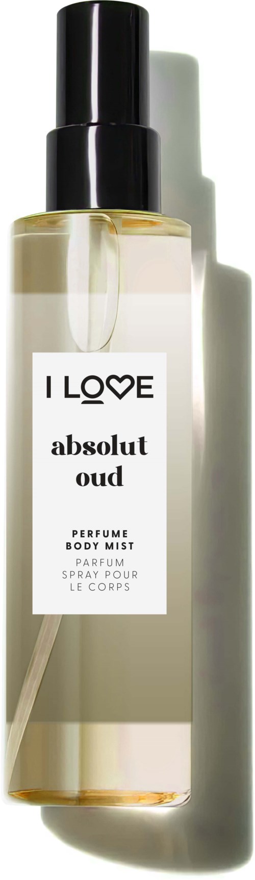 Ein Parfümzerstäuber mit schwarzem Deckel und weißem Etikett, genannt 'absolut oud', von I LOVE.