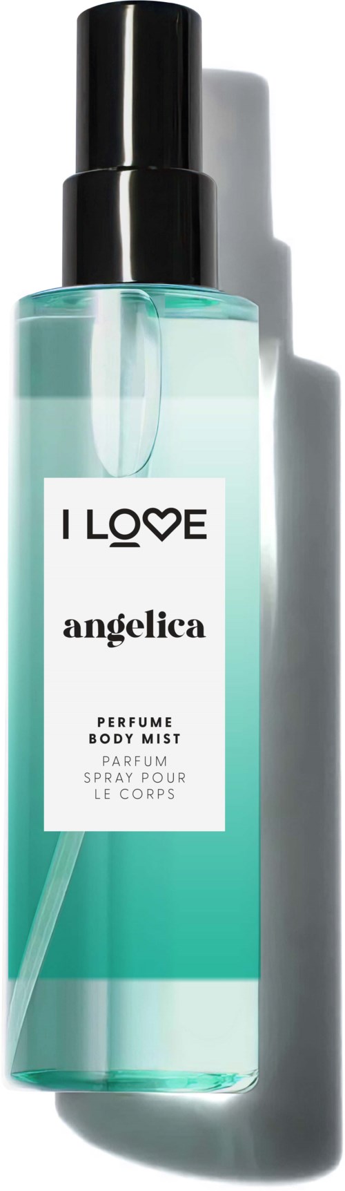 A tall, transparent blue-green spray bottle with a black cap, labeled 'I LOVE angelica perfume body mist.'