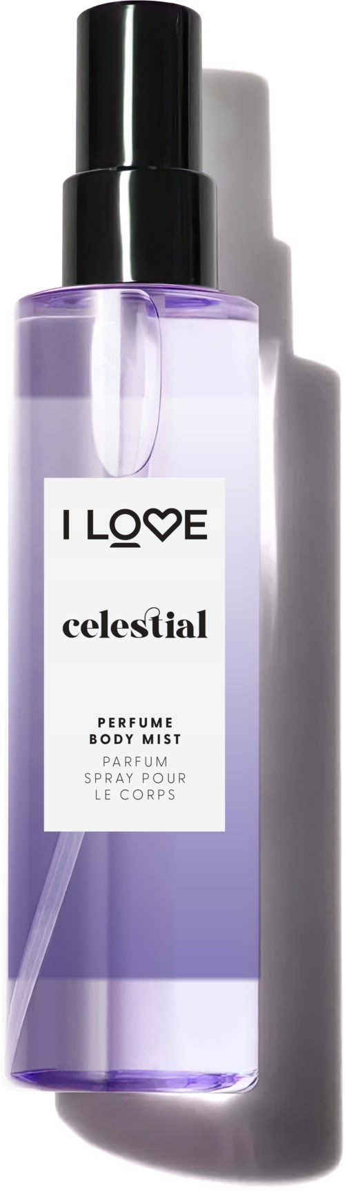 Eine lilafarbene Parfüm-Körpernebel-Flasche mit schwarzem Deckel und weißem Etikett, gekennzeichnet 'I Love Celestial'.