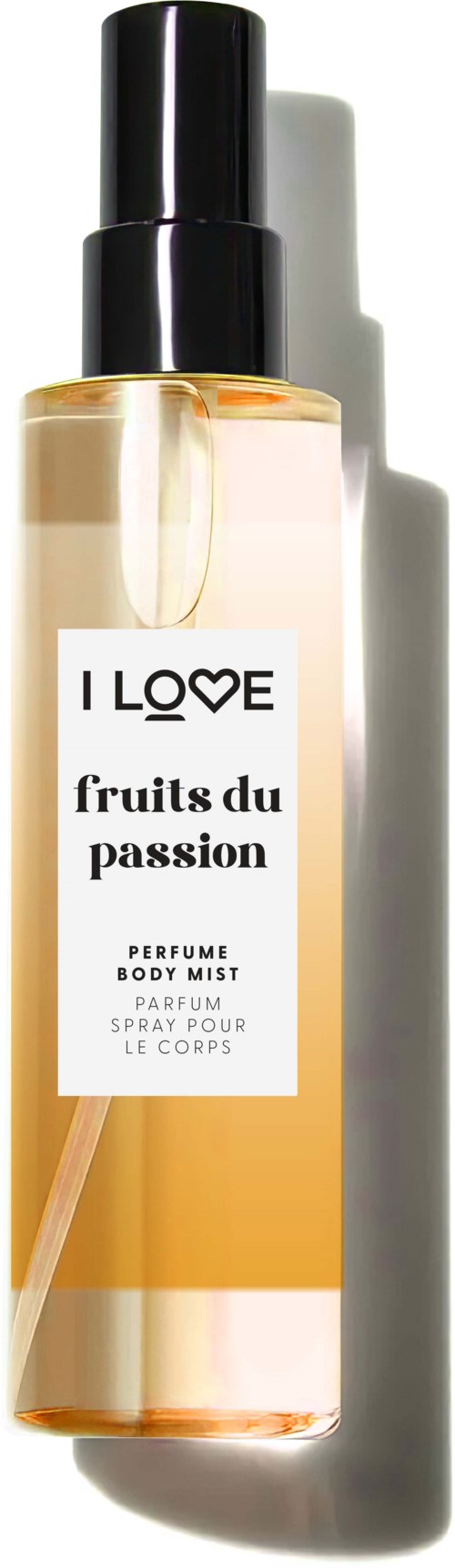 A perfume spray bottle labeled 'Fruits du Passion' with a black cap and a white label.