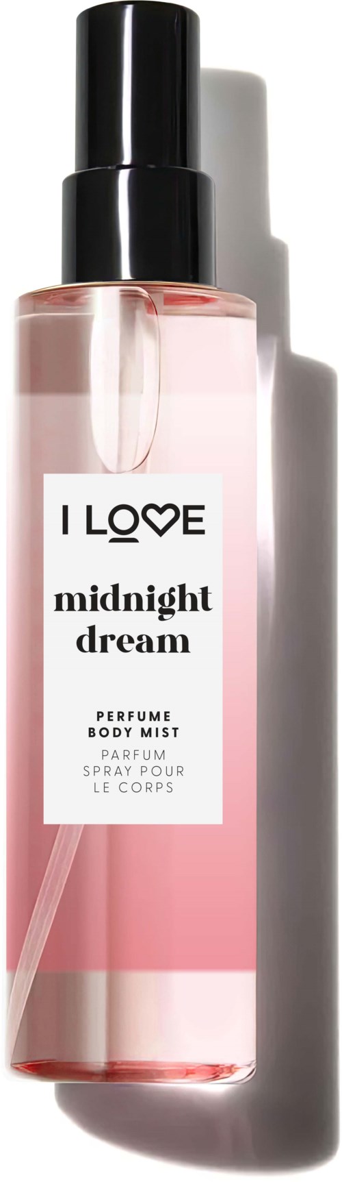 A pink perfume spray bottle labeled 'midnight dream' and 'I LOVE'.