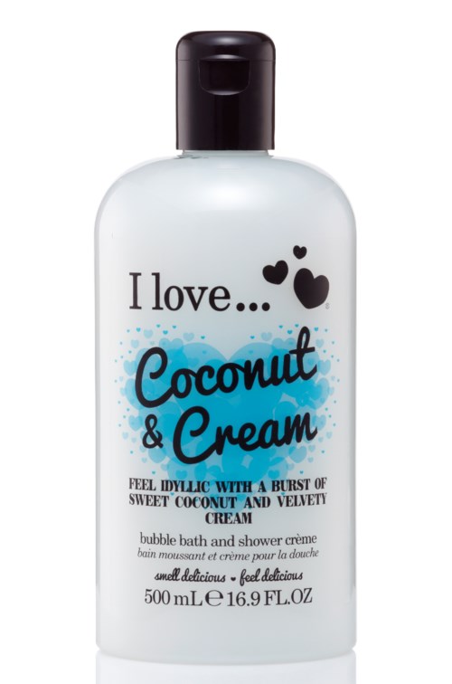 Eine weiße Flasche mit schwarzem Deckel, beschriftet "Coconut & Cream" mit kleinen Herzen, beschreibt Bade- und Duschcreme.