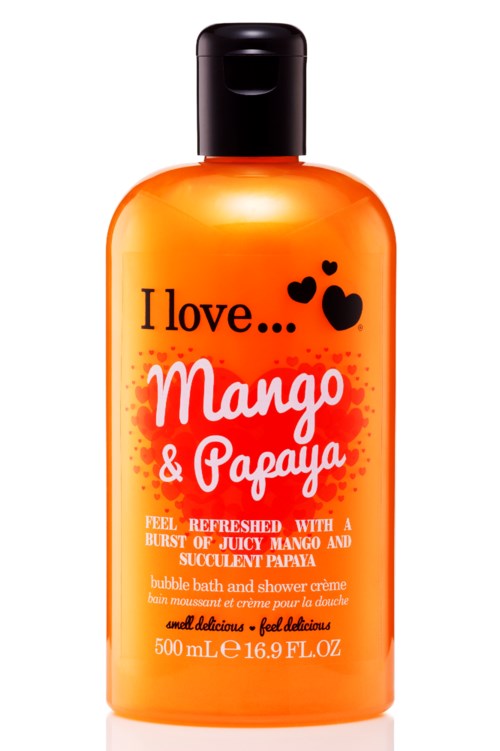 Orangefarbene Flasche mit schwarzem Deckel, mit 'I love... Mango & Papaya' beschriftet, mit Herzen und Beschreibung eines Schaumbades.
