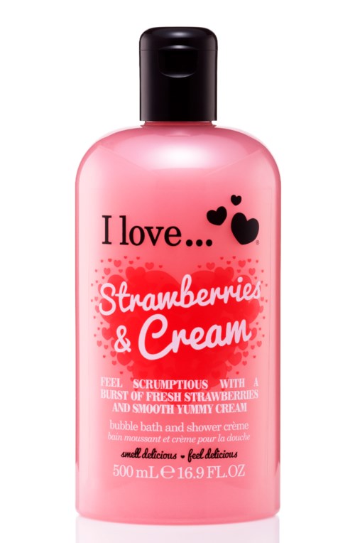 Eine rosa Flasche mit Erdbeer- und Sahne-Duft Badeschaum und Duschcreme mit schwarzem Deckel und Liebesthema.