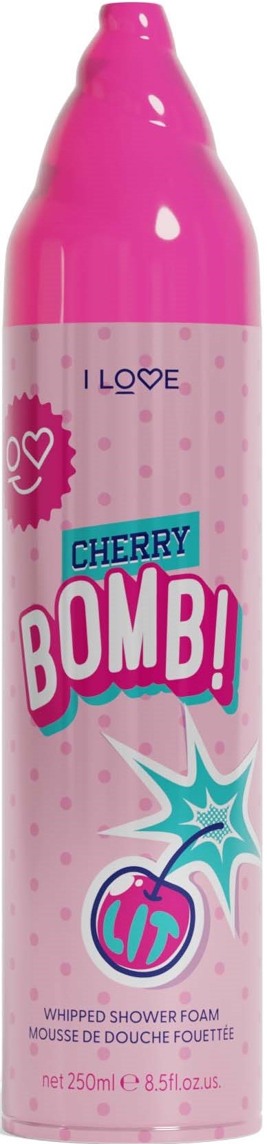 Eine rosa Dose mit Schaum-Duschschaum mit Kirschduft, beschriftet "Cherry Bomb!" und dekoriert mit Comic-Kirschen und Herzsymbolen.