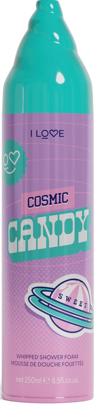 A bottle of shower foam labeled 'Cosmic Candy' with purple and turquoise colors, and a planet design.
