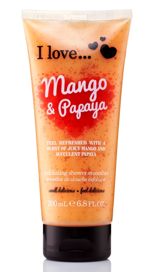Ein pfirsichfarbener Tube mit Duschsmoothie namens "I love... Mango & Papaya" mit Herzen, beschreibt einen erfrischenden Fruchtduft.