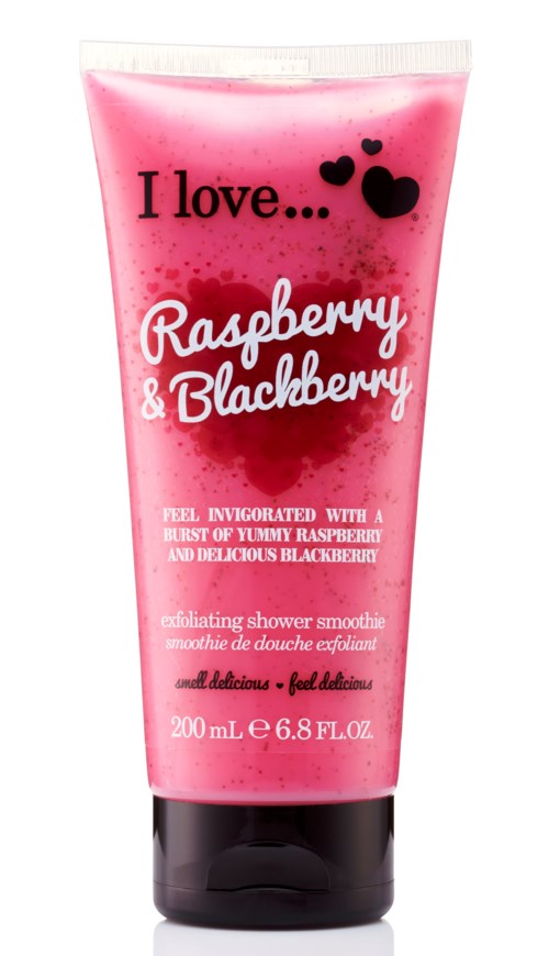 Rosa Duschgel mit 'I love...' und 'Raspberry & Blackberry' und schwarzen Herzsymbole.