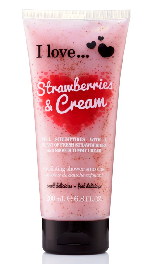 Eine pinke Tube mit schwarzen und roten Herzen, mit den Worten "I love... Strawberries & Cream" und Beschreibung eines Duschgels.