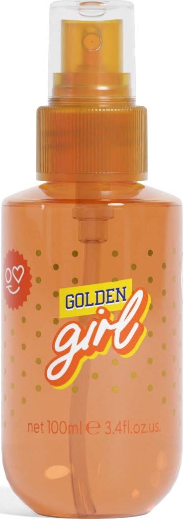 A small orange spray bottle labeled "Golden Girl" with yellow and red writing and a dotted design.