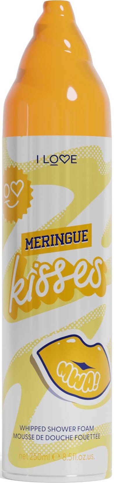 Eine zylindrische Flasche mit Schaum für duschen, gelbes und weißes Design und Text über Baiser-Küsse.