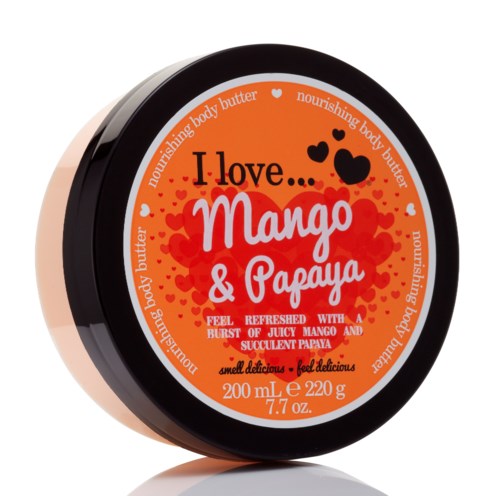 Ein runder Behälter für Körperbutter mit orange-schwarzem Etikett, sagt Liebe Mango und Papaya, 200 ml.