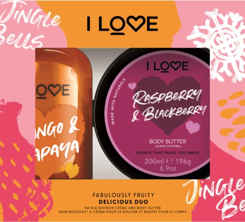 Färgglad förpackning med tvål och body butter, med rosa och orange nyanser, hjärtan och lekfull text som uttrycker kärlek.