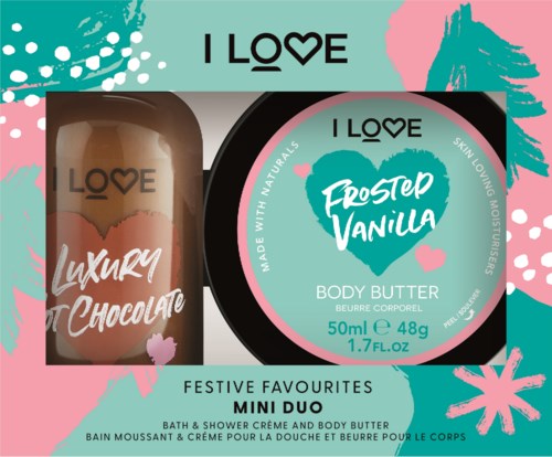 Lyxig kropps- och duschkräm i mini-duo, med festlig design och doft av vanilj.