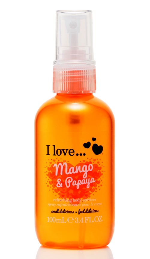 Kleine oranje sprayfles met label "I love... Mango & Papaya" en zwarte hartjes, met spuitkop.
