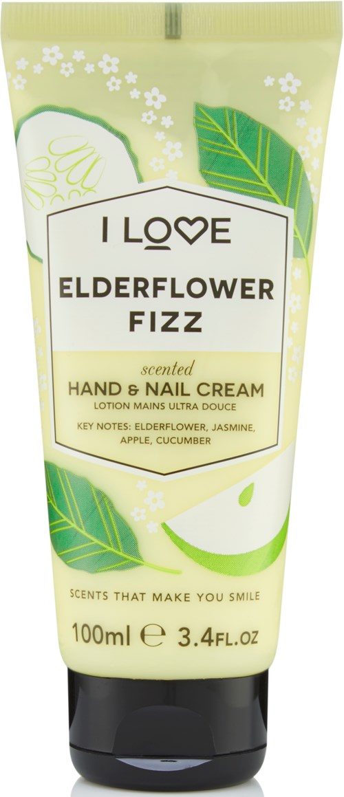 Eine grüne und weiße Tube mit duftender Hand- und Nagelcreme mit Holunderblüte, Jasmin, Apfel und Gurke.