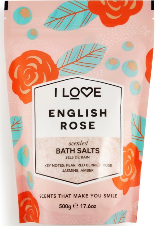 Hellrosa Verpackung mit orange Rosen, blauen Blättern und kleinen Punkten. Text sagt 'I LOVE ENGLISH ROSE' und Details zu Badesalzen.