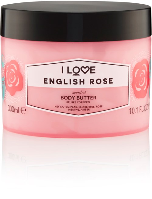 En rosa krukke med kroppsmør, med svart lokk, merket 'I Love English Rose' og duftende roser, jasmine og rav.