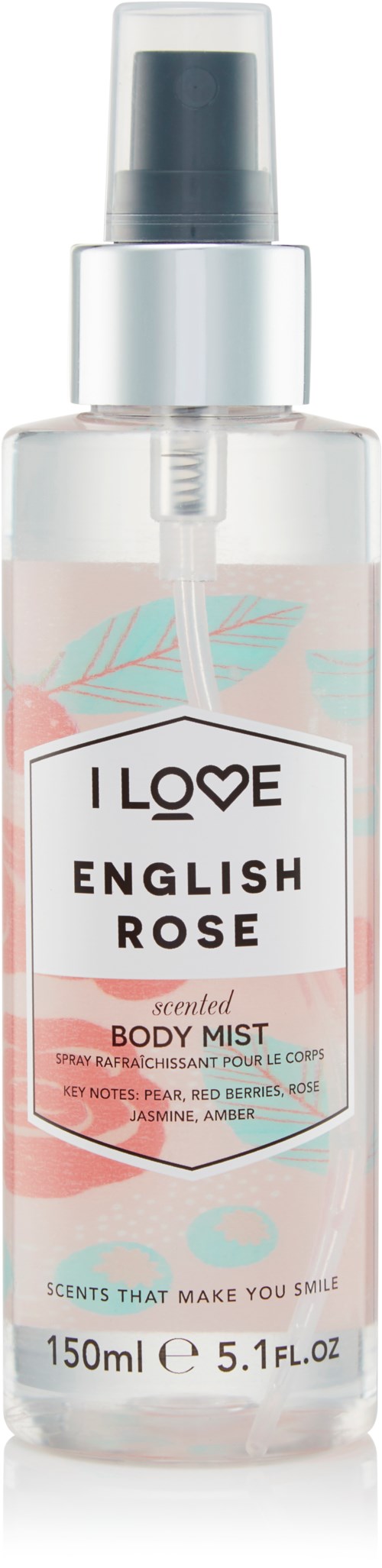 Een heldere sprayfles met roze en blauwe bloemendecoratie, gemarkeerd "I LOVE ENGLISH ROSE" body mist, 150 ml.