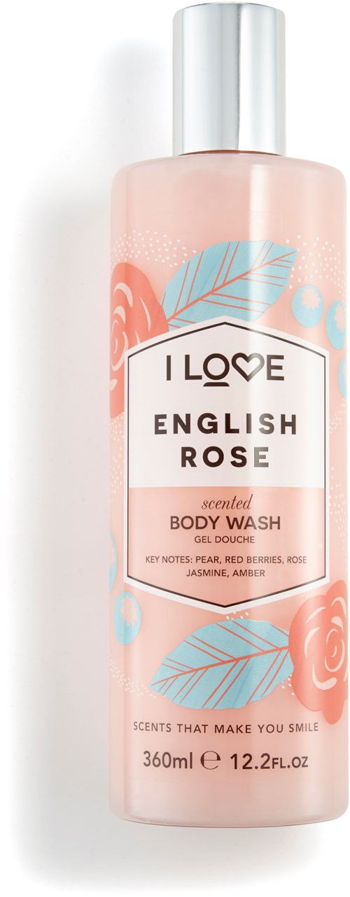 Pinke Flasche mit englischrosenduftendem Duschgel mit blauen Blättern und rosa Rosen.