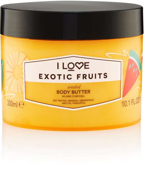 Gele container met geurende bodybutter met exotisch fruitenthema en tropische fruitillustraties op het label.