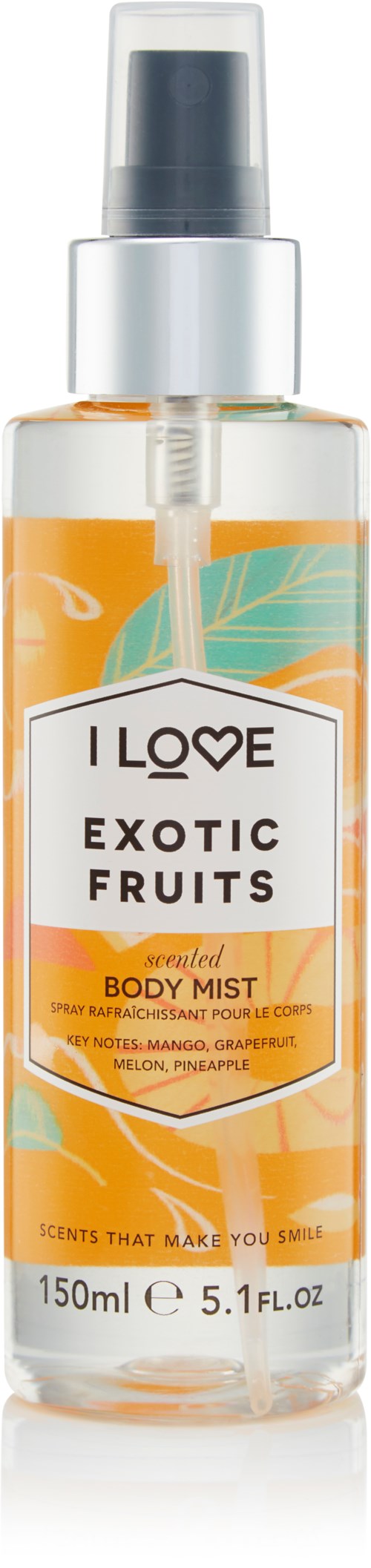 Een doorzichtige fles met oranje vloeistof, gelabeld "EXOTIC FRUITS" body mist, 150ml, met spraydop.