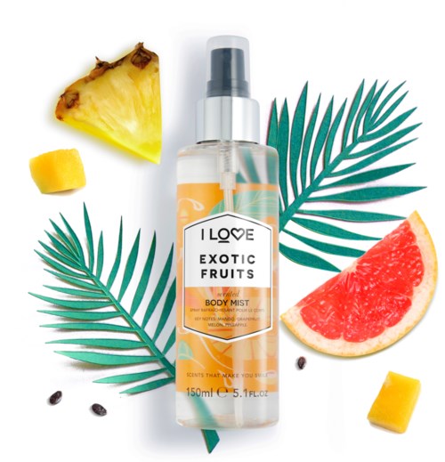 Een lichaamsmist omringd door ananas, grapefruit, mango, palmbladeren en zwarte zaden.