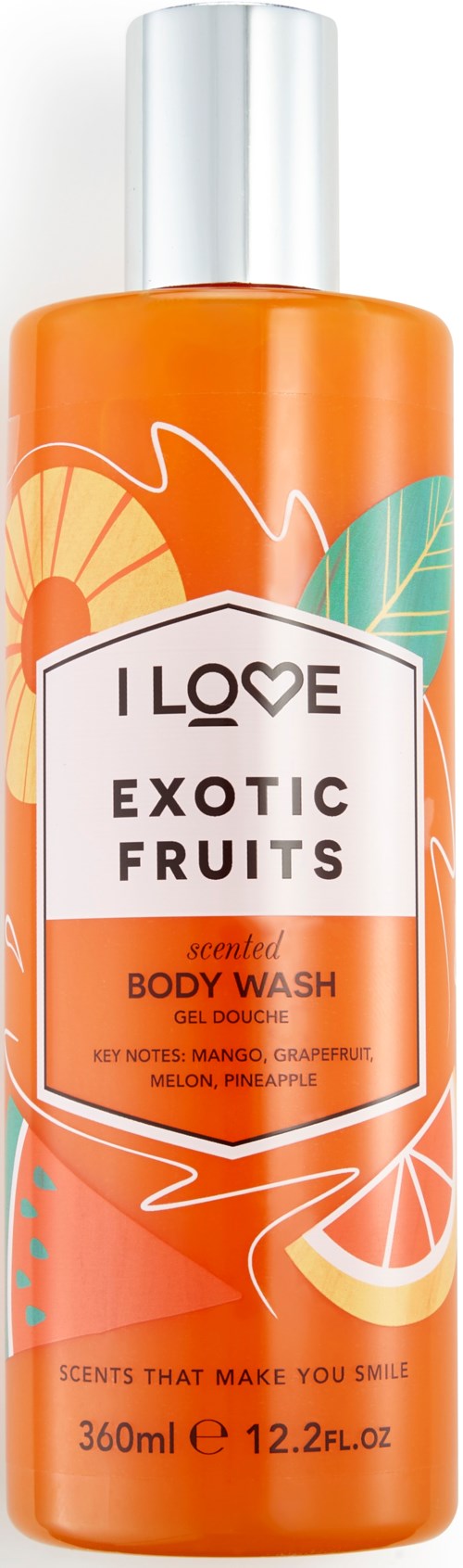 Eine leuchtend orangefarbene Body Wash Flasche mit tropischen Fruchillustrationen und silberner Kappe, beschriftet 'I Love Exotic Fruits'.