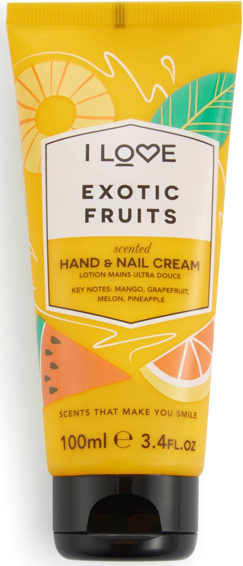 Een gele tube hand- en nagelcrème met tropische fruitengeuren zoals mango, ananas en grapefruit, met kleurrijke fruitillustraties.