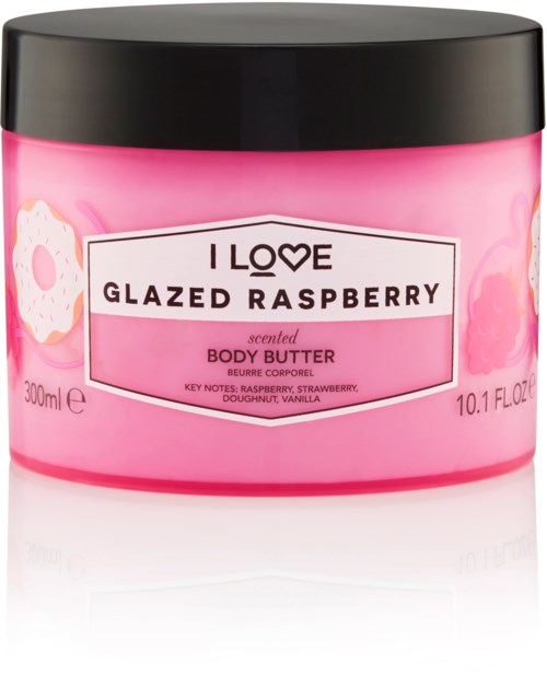 Rosa Behälter mit himbeerduftender Körperbutter, beschriftet 'I Love Glazed Raspberry' mit Donuts und Vanille.