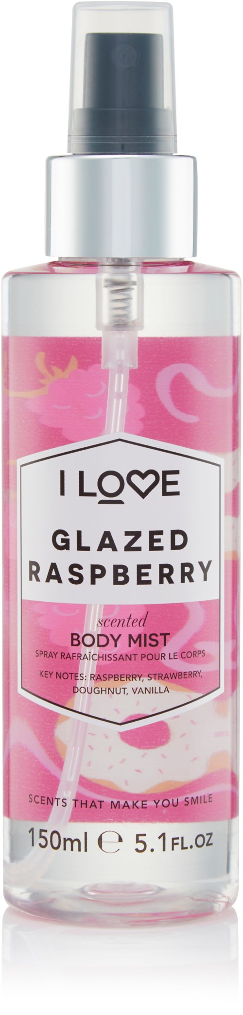 Een roze lichaamsspray met frambozensmaak, gemerkt "I Love Glazed Raspberry," bevat 150 ml.