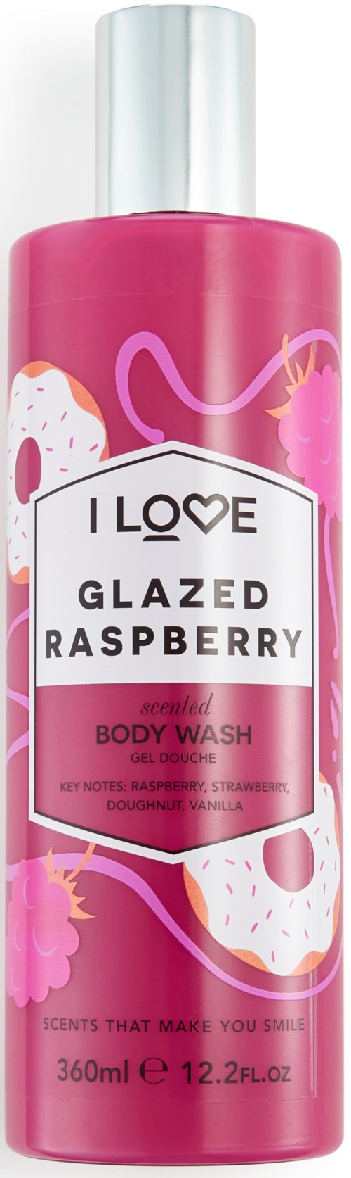 Felle roze fles met frambozen-geurende bodywash met witte, roze en paarse ontwerpelementen.