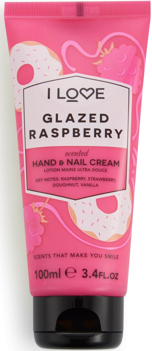 Roze tube met geurende hand- en nagelcrème met afbeelding van frambozen en aardbeien en productgegevens op het etiket.