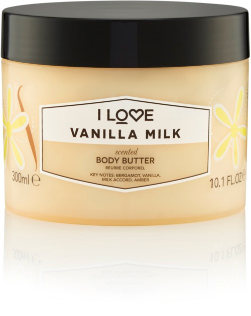 Een potje vanillemelk-geurende bodybutter met zwarte deksel, 300 ml, met gele bloemenontwerpen.