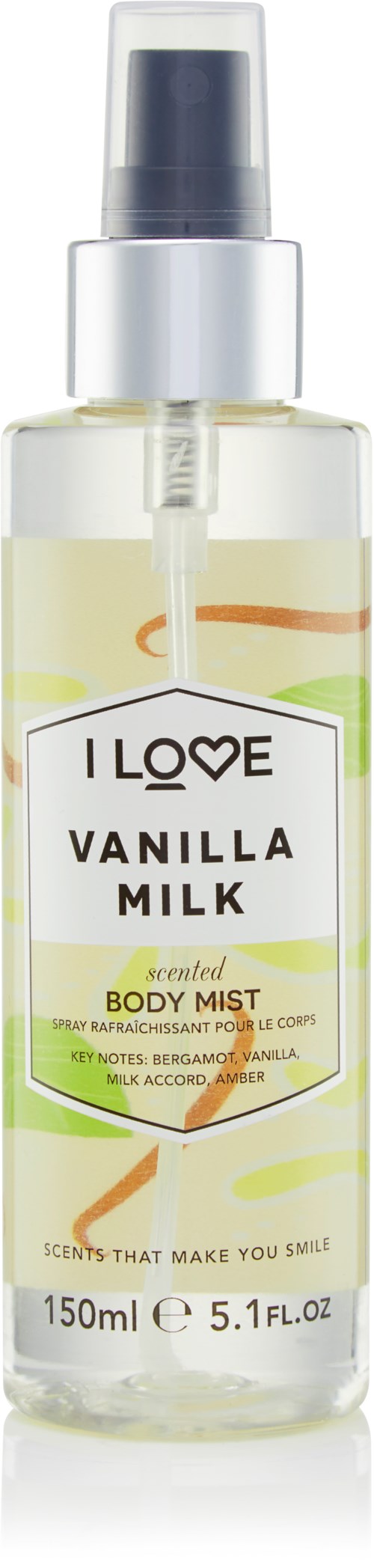 Eine transparente Sprühflasche mit dem Label 'I Love Vanilla Milk' und einem Fassungsvermögen von 150 ml.