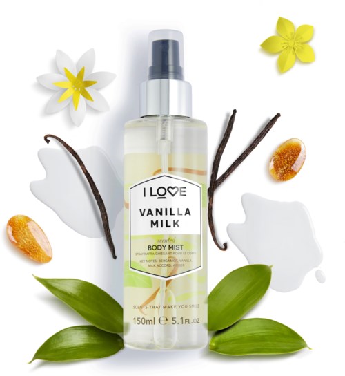 Vanille-Milch-Körperduftspray mit Vanilleschoten, Blumen, Blättern und verschütteter Flüssigkeit.