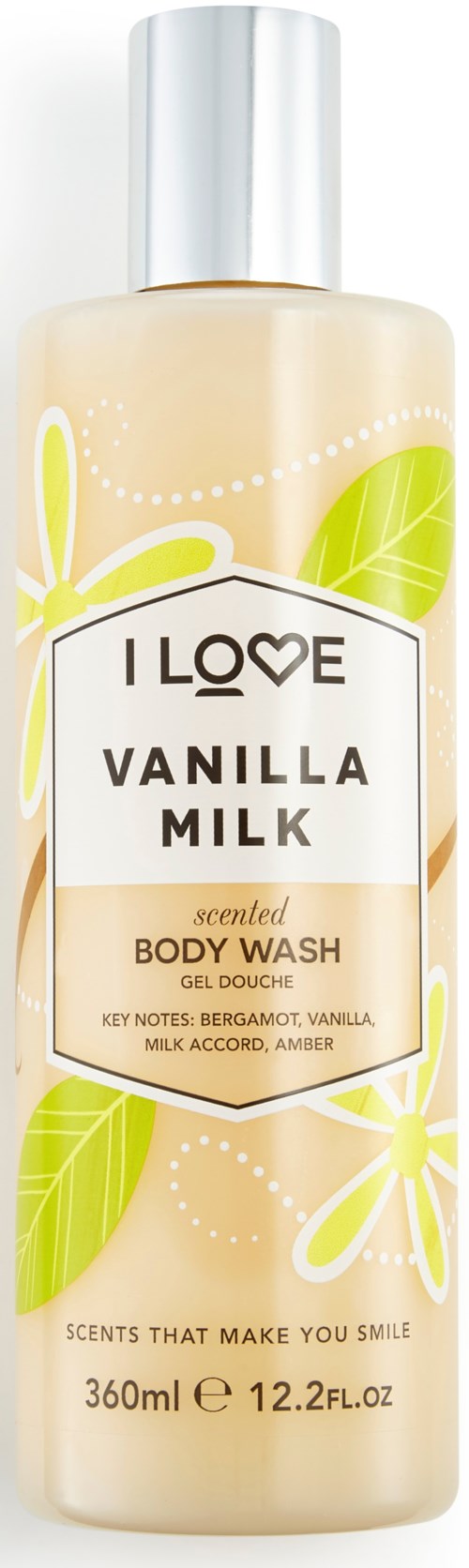 A body wash bottle with a vanilla scent and fresh green leaf and flower designs. It says 'I Love Vanilla Milk' and 360ml.